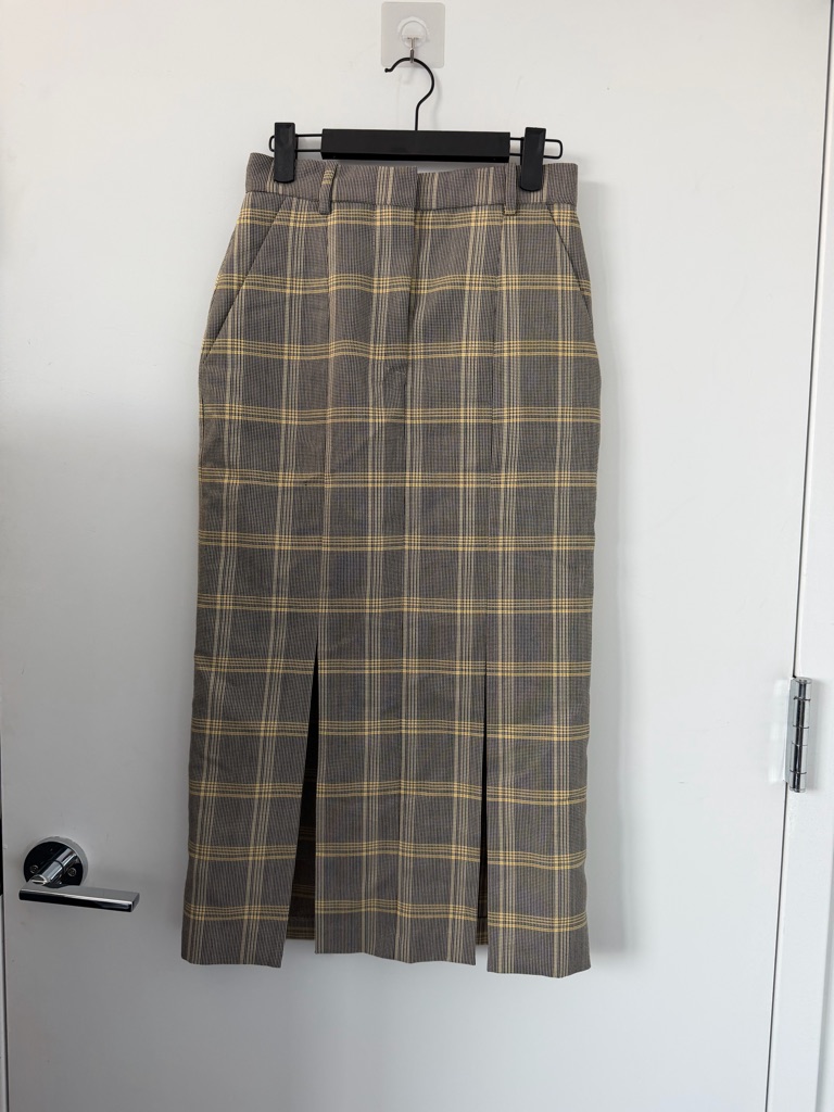 Marni Gray And Yellow Plaid Midi Skirt With Front Slits